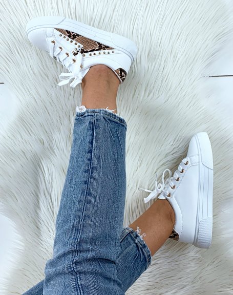 White chunky studded sneakers with python-effect inserts