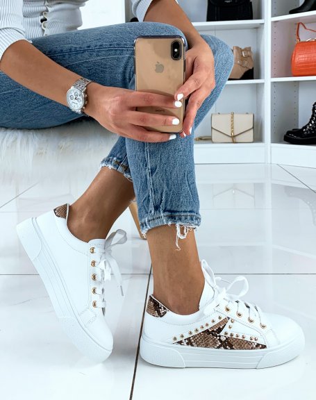 White chunky studded sneakers with python-effect inserts