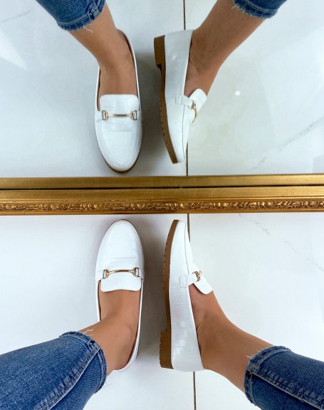 White croc-effect loafers with gold detail