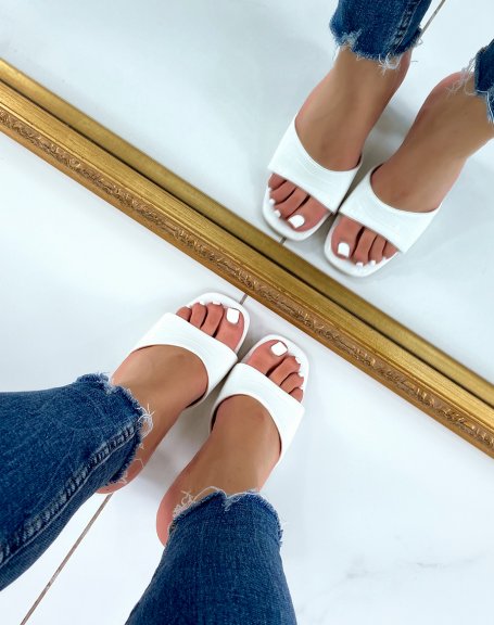 White croc-effect mules with transparent block heel
