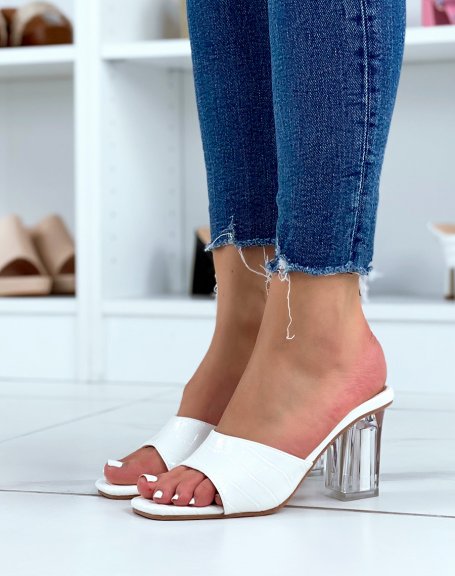 White croc-effect mules with transparent block heel
