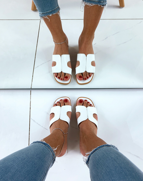 White croc-effect mules with wide straps and low heels