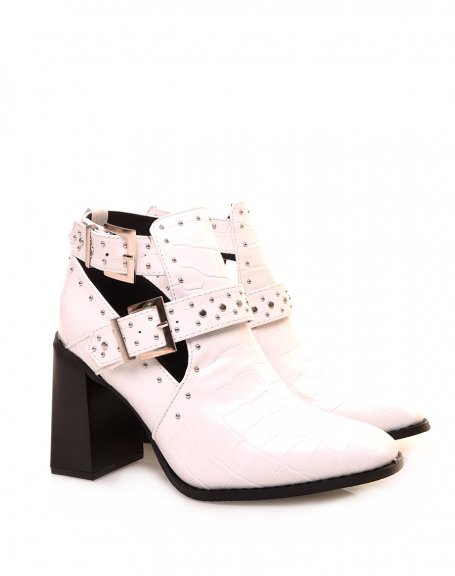 White croc-effect openwork heel ankle boots with square toe