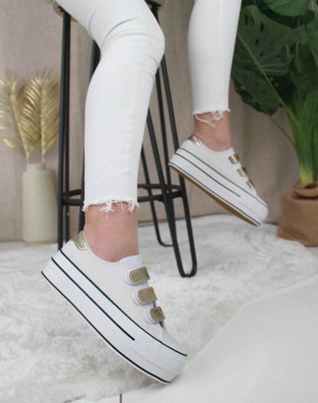 White croc-effect sneakers with gold velcro