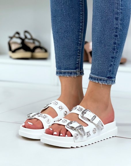 White double strap mules with silver jewels
