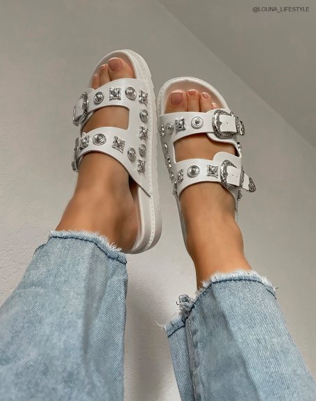White double strap mules with silver jewels