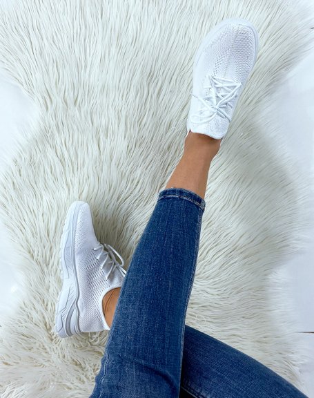White fabric sneakers with white sole