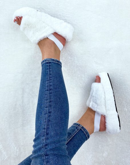 White faux fur slippers
