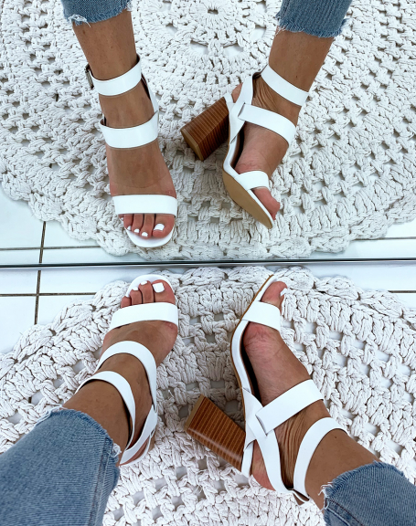 White faux leather block heel multi-strap sandals