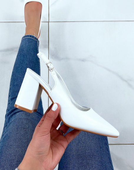 White faux leather open toe flat heel pumps