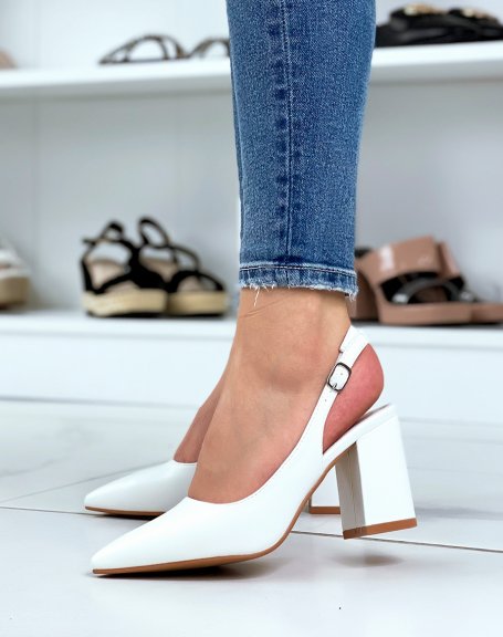 White faux leather open toe flat heel pumps