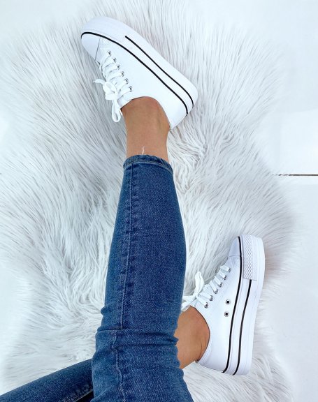 White faux leather sneaker with large flat platform