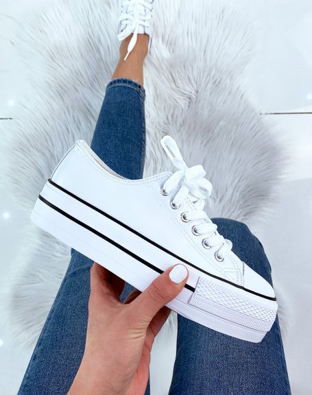 White faux leather sneaker with large flat platform