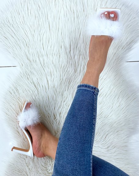 White feather heeled mules
