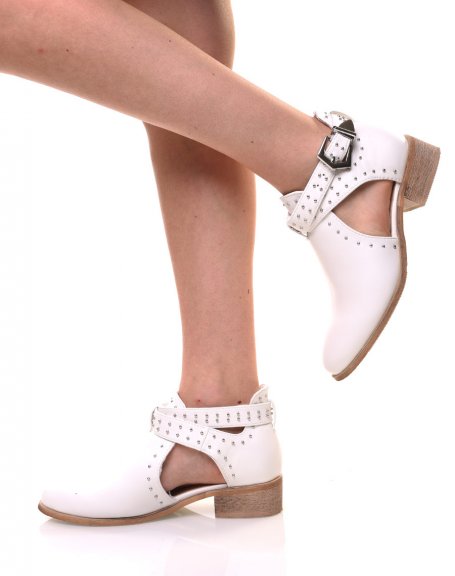 White flat openwork studded ankle boots