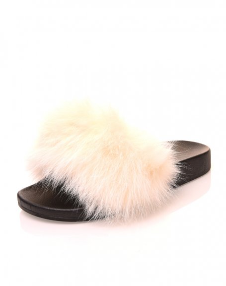 White fur mules with chunky soles
