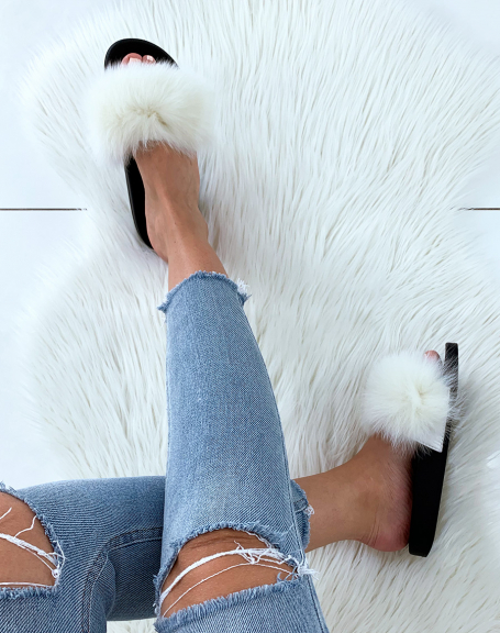 White fur mules with chunky soles