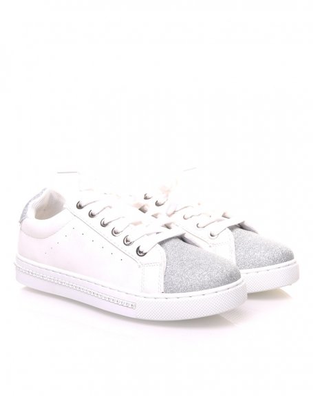 White glitter bi-material sneakers