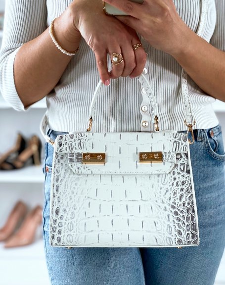 White handbag with gray python effect and gold details