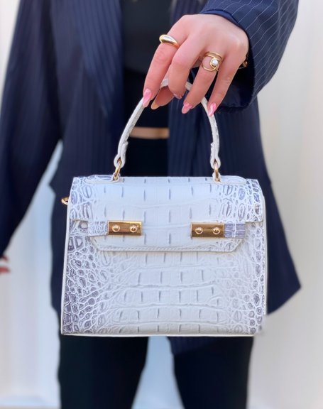 White handbag with gray python effect and gold details