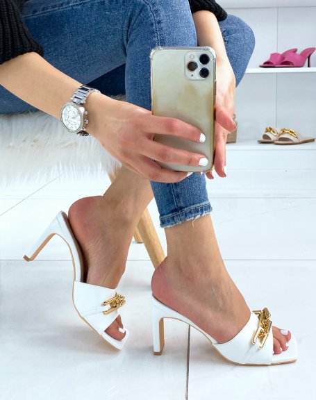 White heeled mules with gold chain