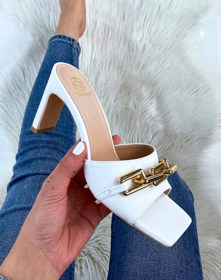 White heeled mules with gold chain