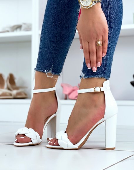 White heeled sandals with braided strap