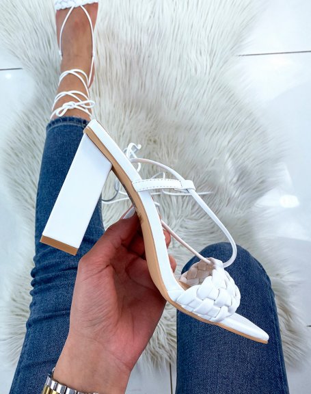 White heeled sandals with braided strap and long straps