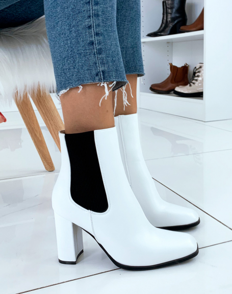 White heeled square-toe ankle boots