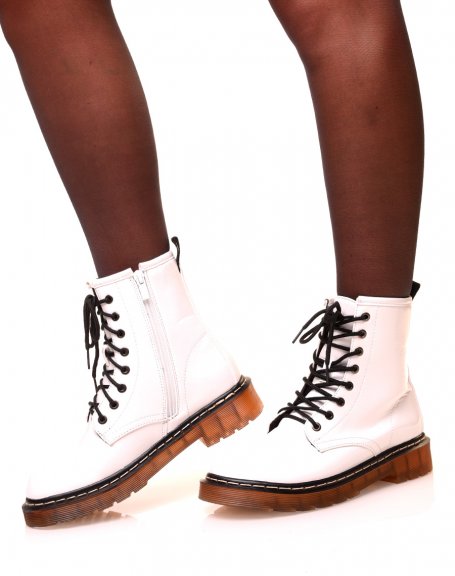 White high-top patent lace-up ankle boots