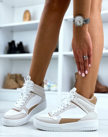 White high-top sneakers with beige and brown inserts