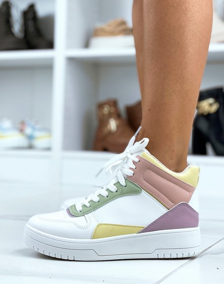 White high-top sneakers with pink, yellow, purple and green panels