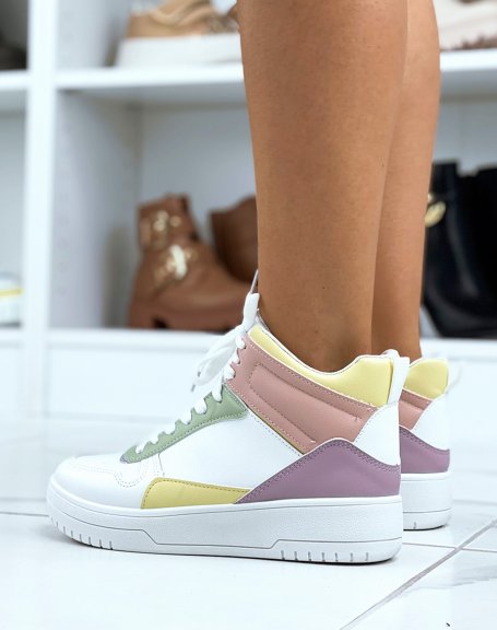 White high-top sneakers with pink, yellow, purple and green panels