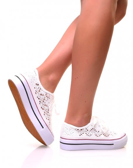 White lace-effect openwork sneakers with platforms