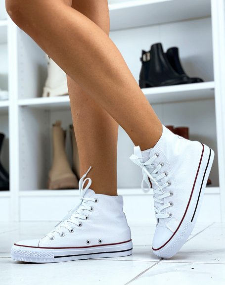 White lace-up canvas high-top sneakers