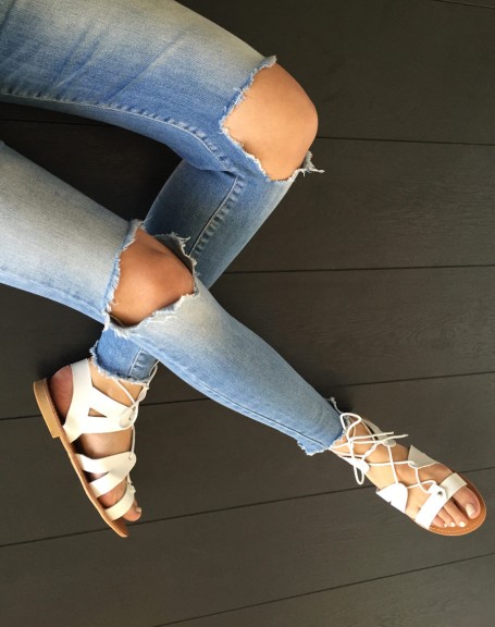 White lace-up sandals