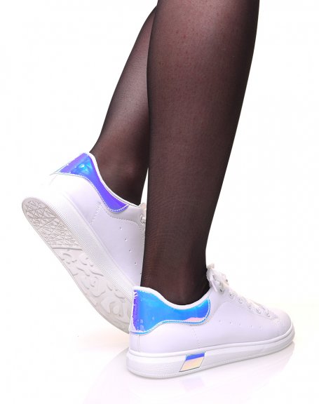 White lace-up sneakers with holographic details