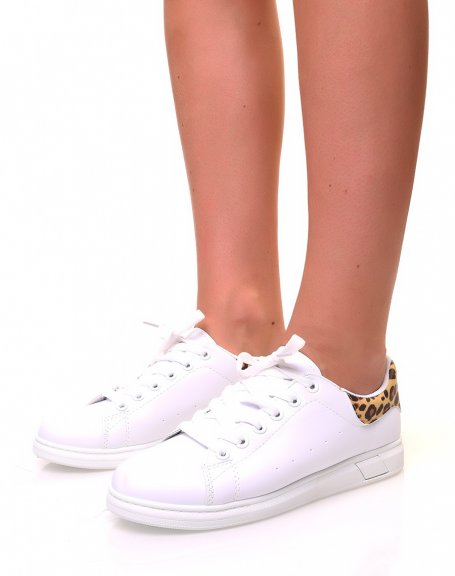 White lace-up sneakers with leopard inserts