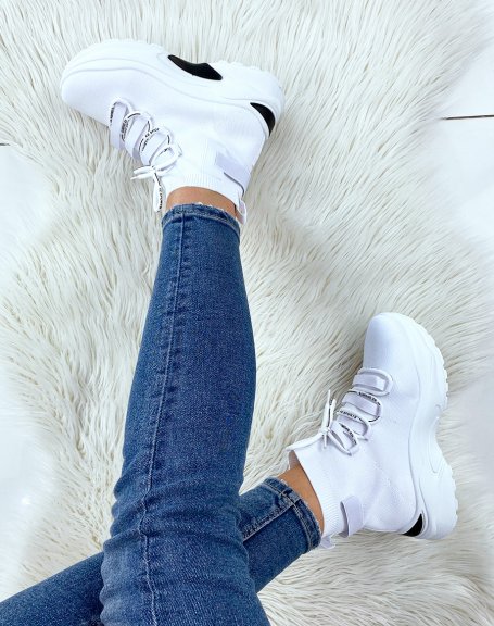White lace-up sock sneakers with chunky sole