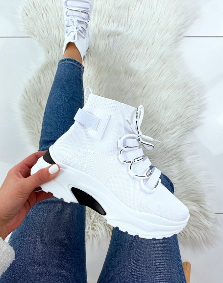 White lace-up sock sneakers with chunky sole