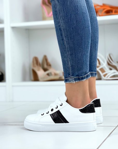 White low-top sneakers with black, croco and glitter inserts