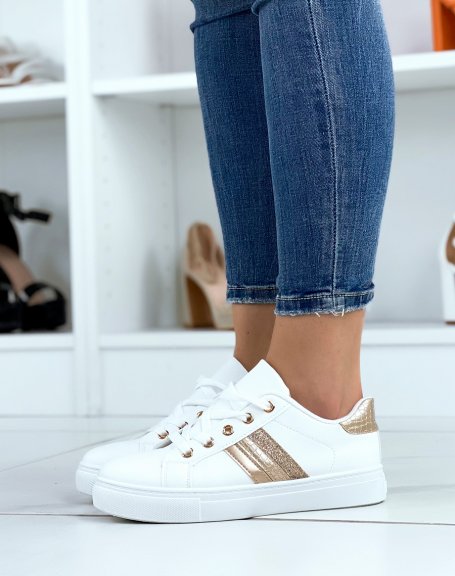 White low-top sneakers with gold, crocodile and glitter inserts