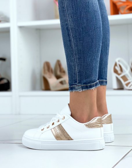 White low-top sneakers with gold, crocodile and glitter inserts