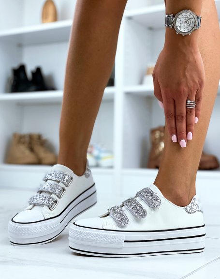 White low top sneakers with silver glitter Velcro and chunky sole