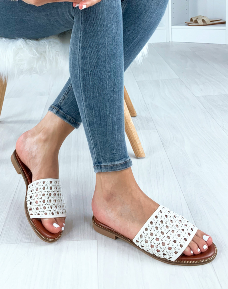 White mules with braided faux leather straps