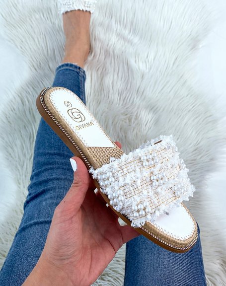 White mules with pearl tweed effect
