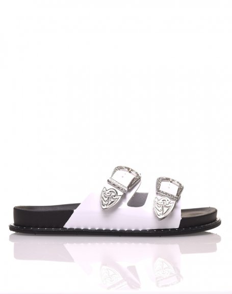 White mules with silver buckles