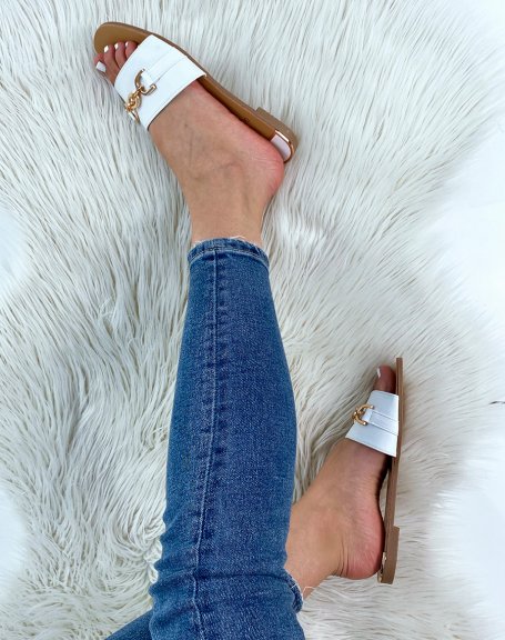 White mules with wide strap and gold detail