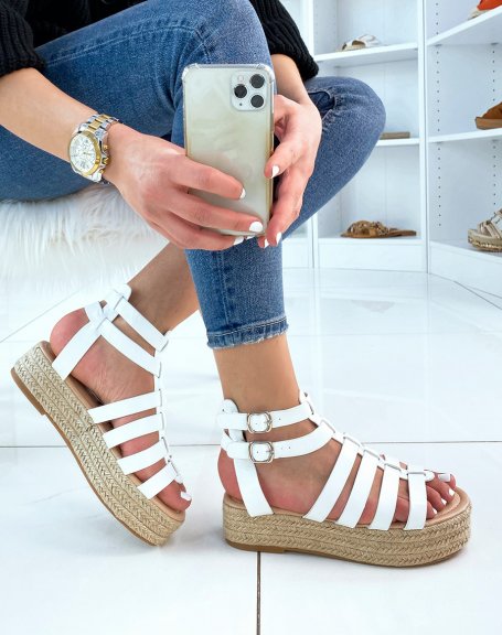 White multi-strap wedge sandals