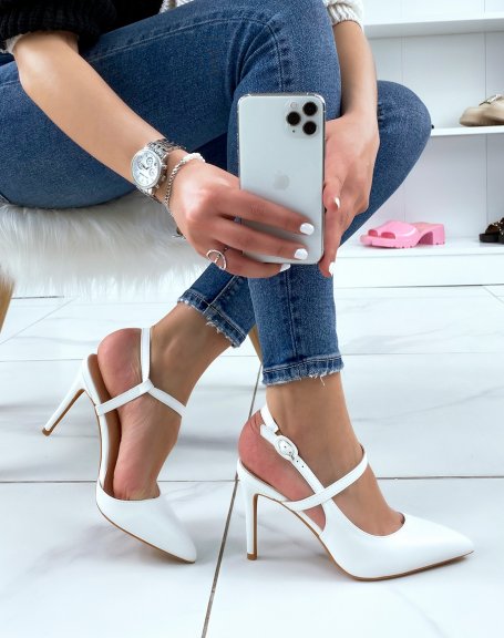 White open-toe stiletto heel pumps
